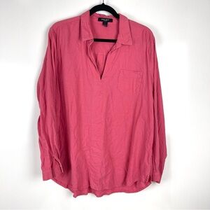 Nine West Linen Blend Collared Pullover Blouse Long Sleeve Size XL Casual Top